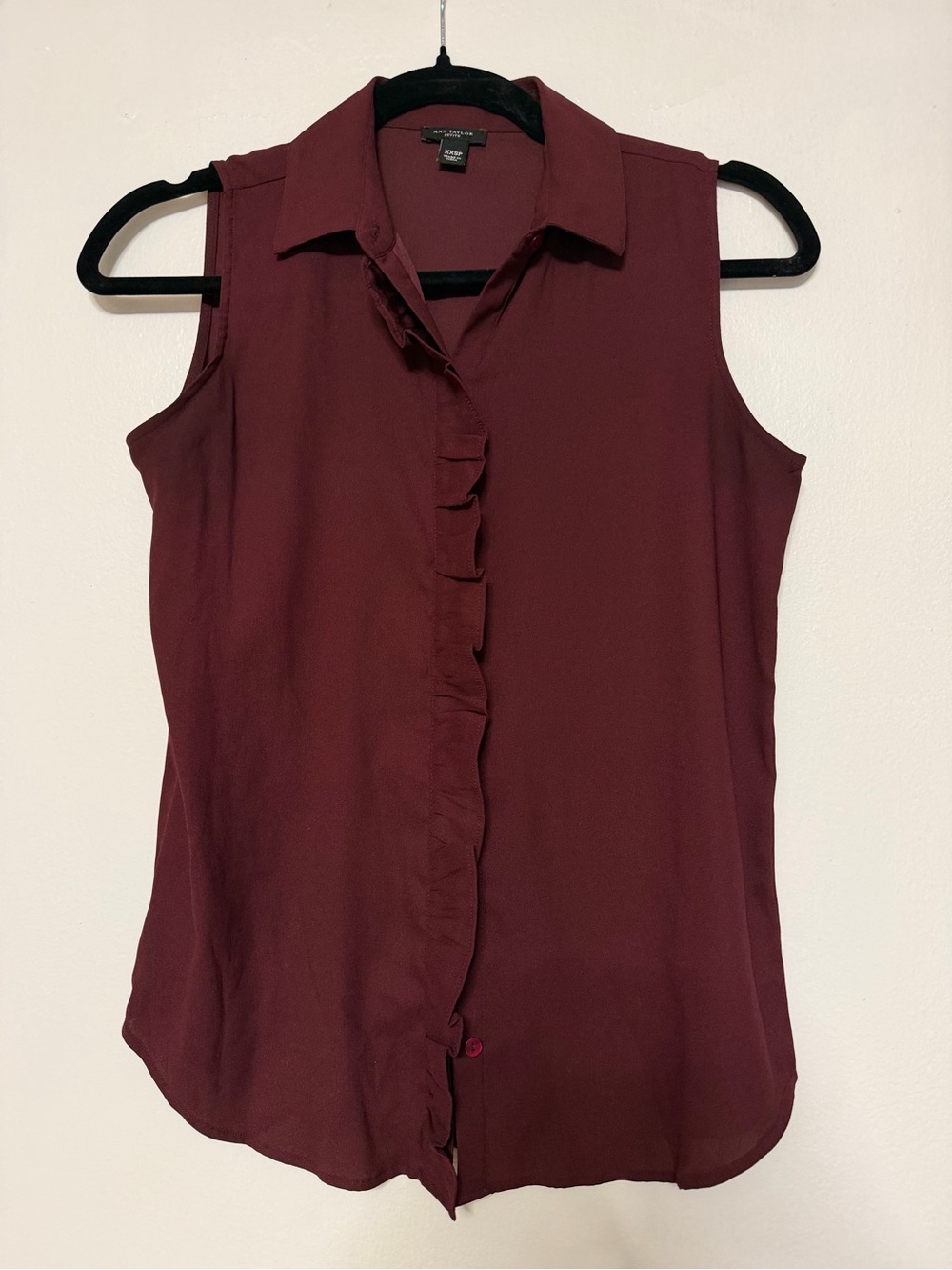 Ann Taylor Sleeveless Ruffle-Front Blouse - Burgundy